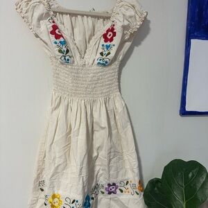 Embroidered Cream Dress with Floral Accents